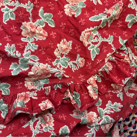 Ralph Lauren Elena Red Floral Full Deep Flat Sheet Ruffle Trim 100% Cotton - Picture 1 of 3